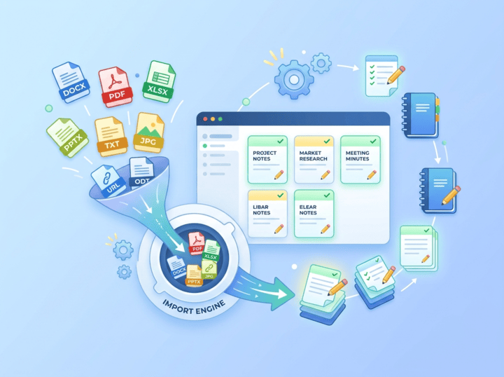 Conceptual illustration showing disparate data—like documents, team chats, and diagrams—converging into a central, glowing knowledge hub powered by artificial intelligence.
