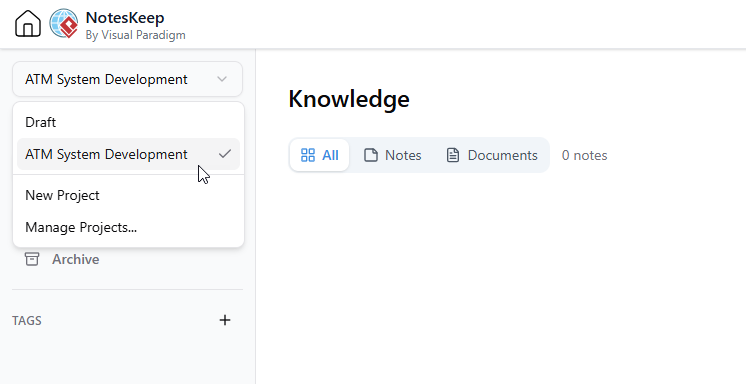 Selecting a project in Visual Paradigm NotesKeep