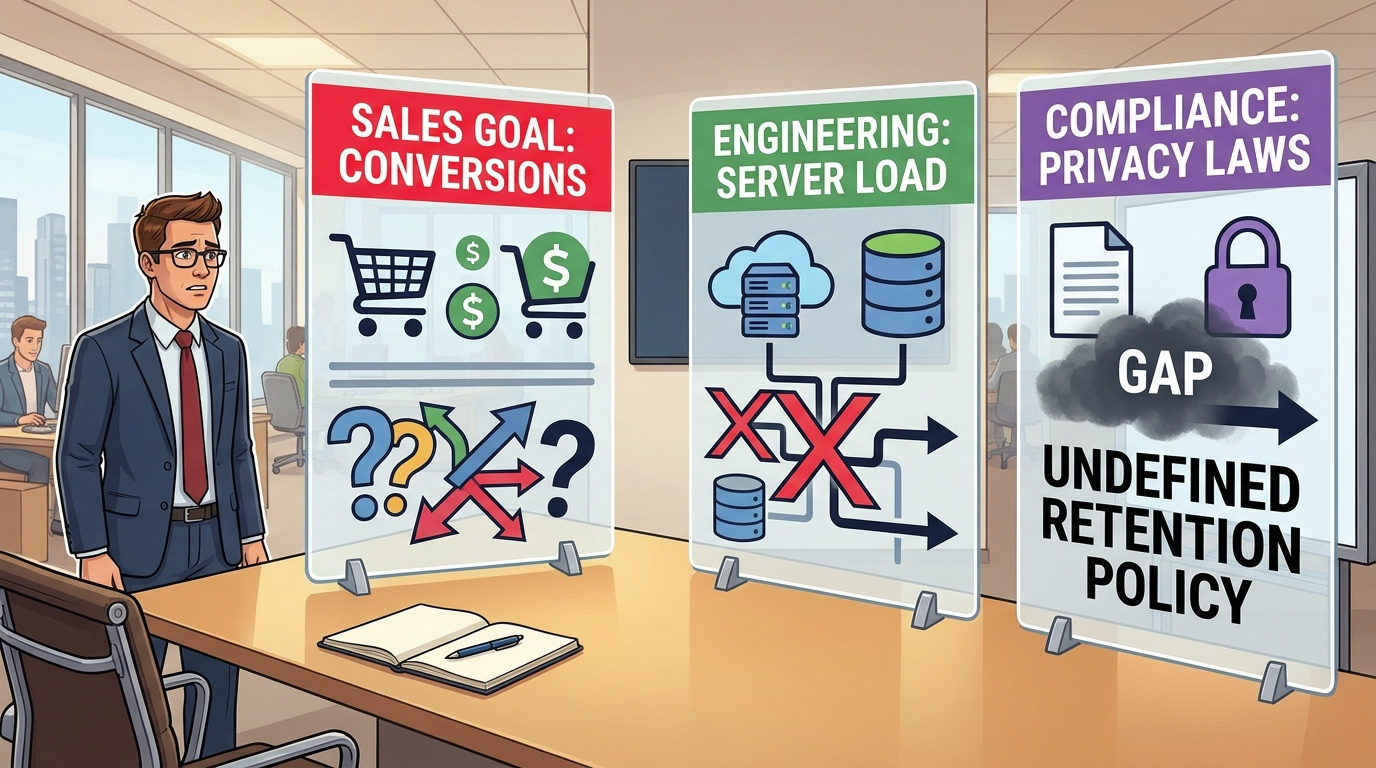 Three visual panels highlighting conflicting Sales goals, Engineering constraints, and missing Compliance policies.