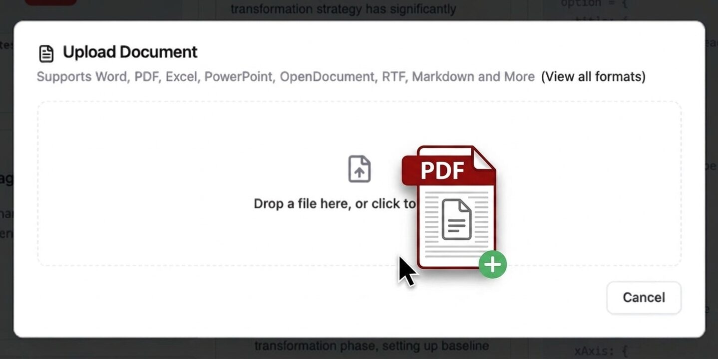 Modal window titled 'Upload Document' with a mouse cursor dragging a red PDF file icon into the dashed drop zone.
